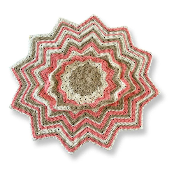 Handmade 12 Point Crochet Knit Star Baby Blanket Afghan Pink Brown Striped - Picture 1 of 5